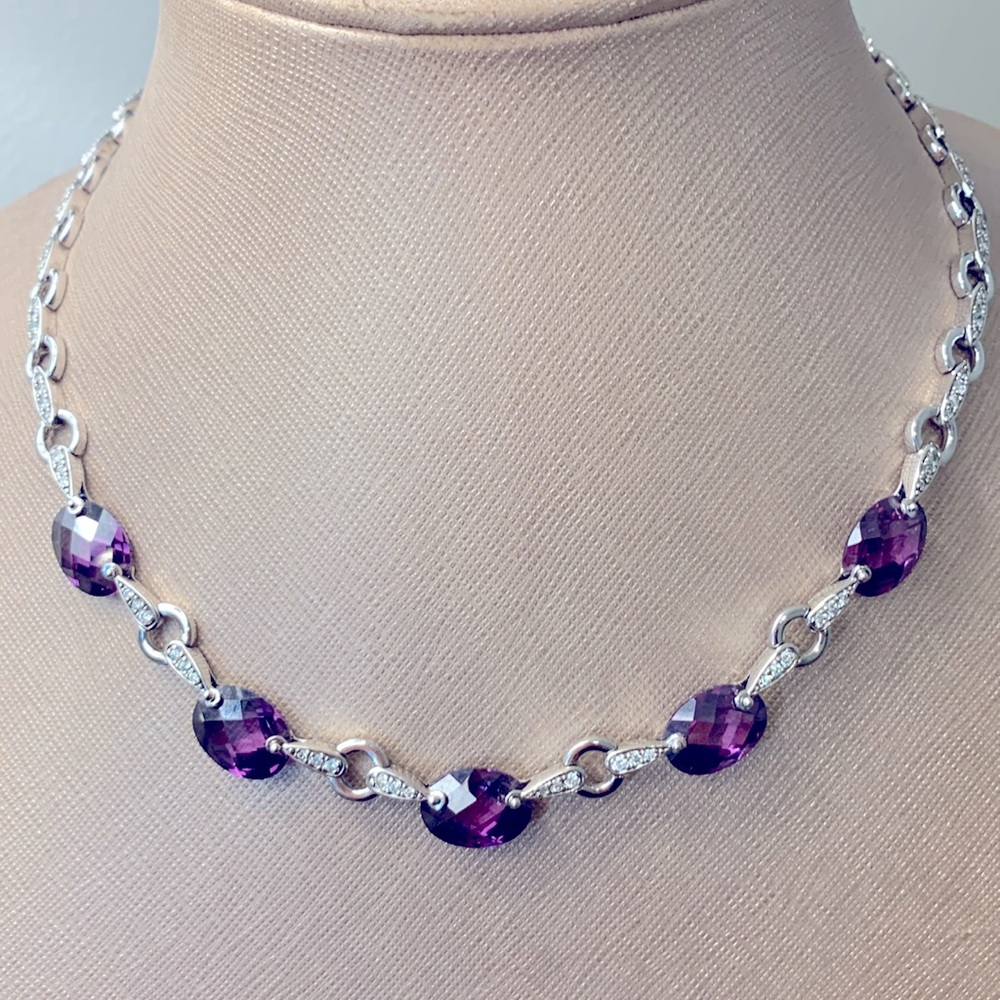 Vintage 925 Sterling Silver Station necklace w/ 5 lab-created amethyst stones
